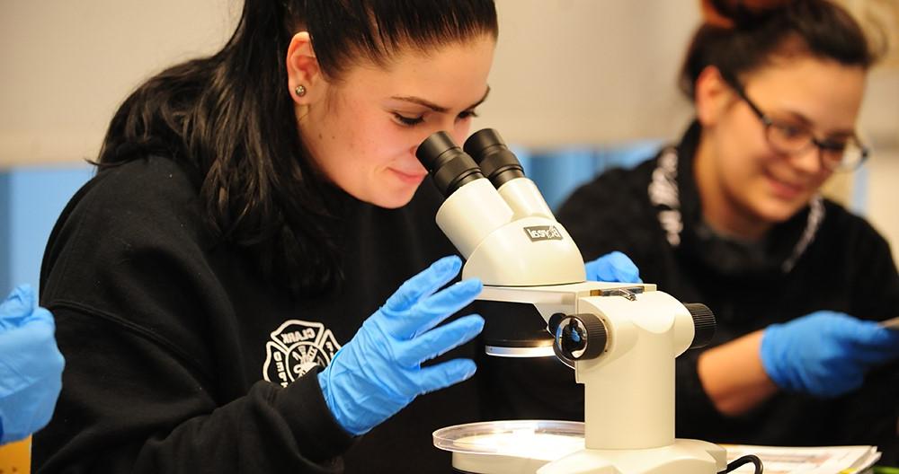 two union students at a microscope